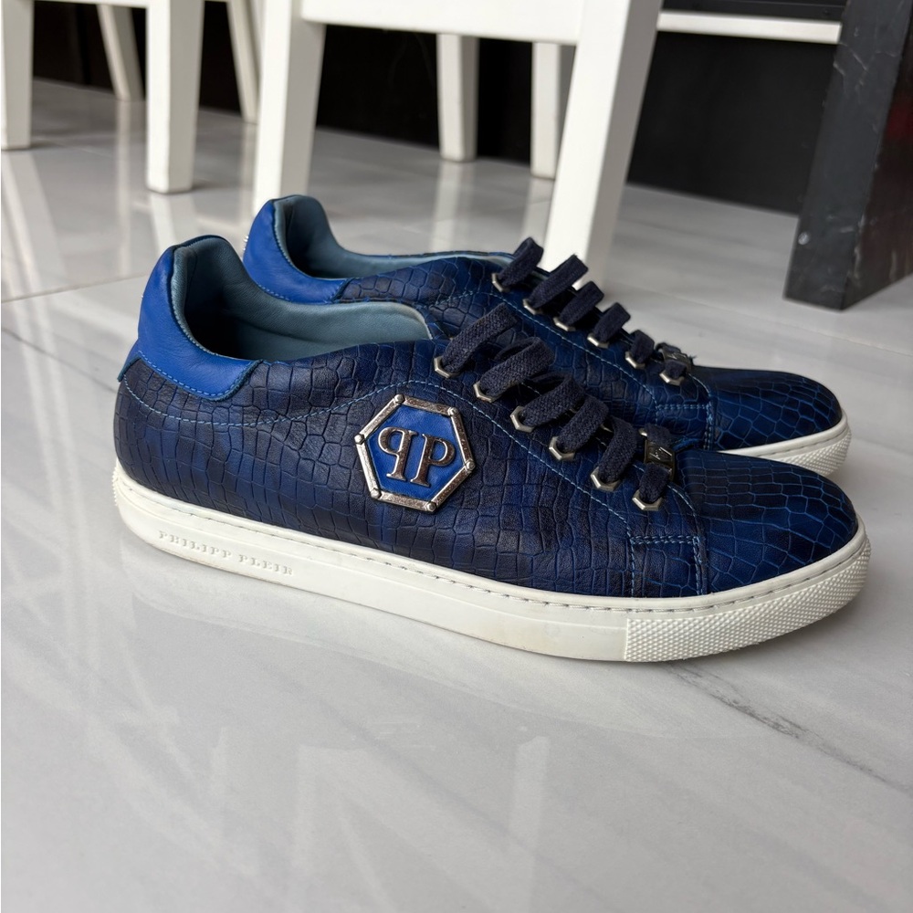PHILIPP PLEIN Blue Crocodile Leather Print Lo-Top Sneaker Luxury Designer - Picture 2 of 11